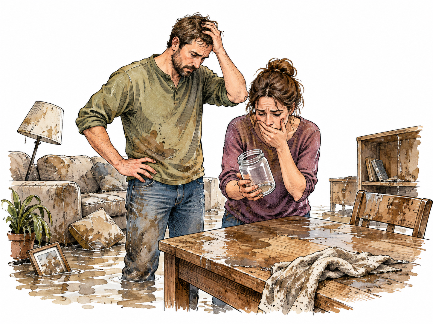 A flood has ruined the contents of a small family's home; adults survey damaged furniture and an empty household savings jar, loss of resources clearly conveyed, no injuries or writing.
