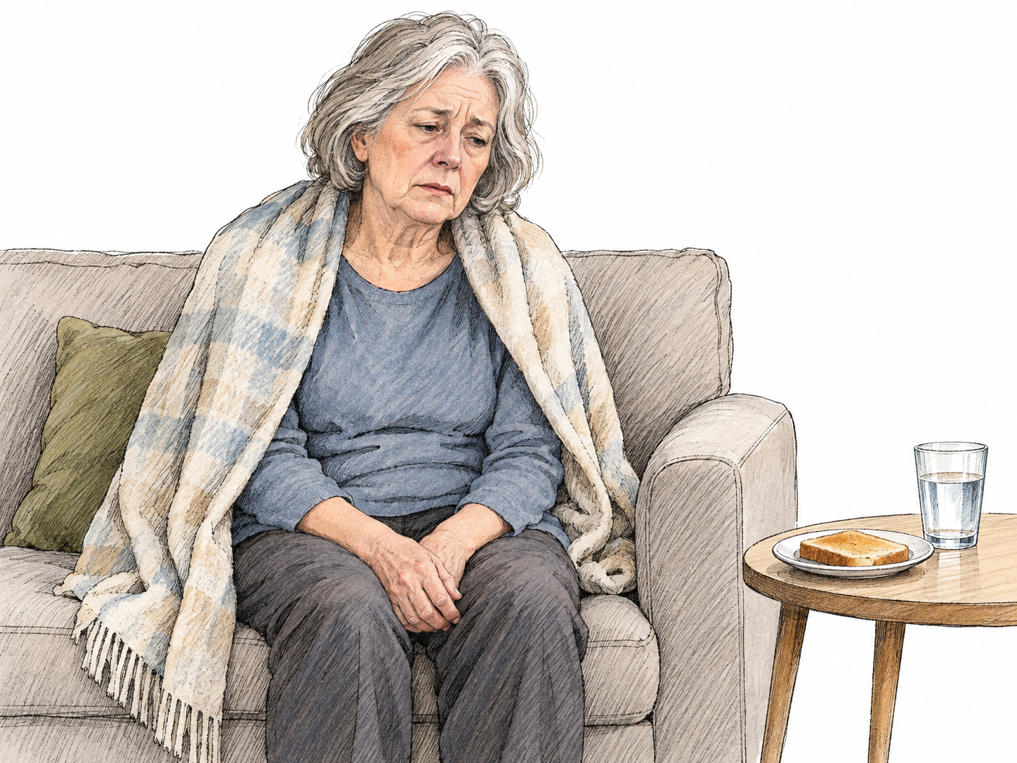 An older woman sits slumped on the edge of a sofa, looking generally unwell rather than suffering a specific pain.