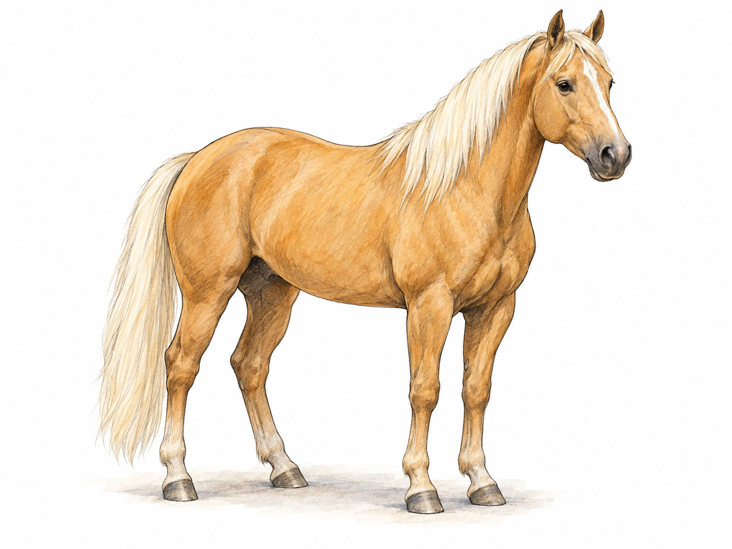A single horse in three-quarter side view, with a clearly golden coat and contrasting pale cream mane and tail.