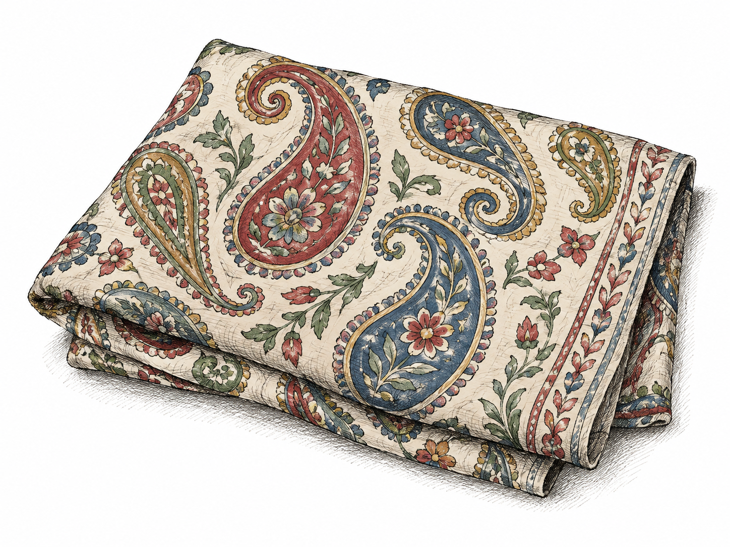 A small folded textile swatch displays several distinct curved teardrop or comma-shaped paisley motifs with curled tips and restrained interior floral marks.