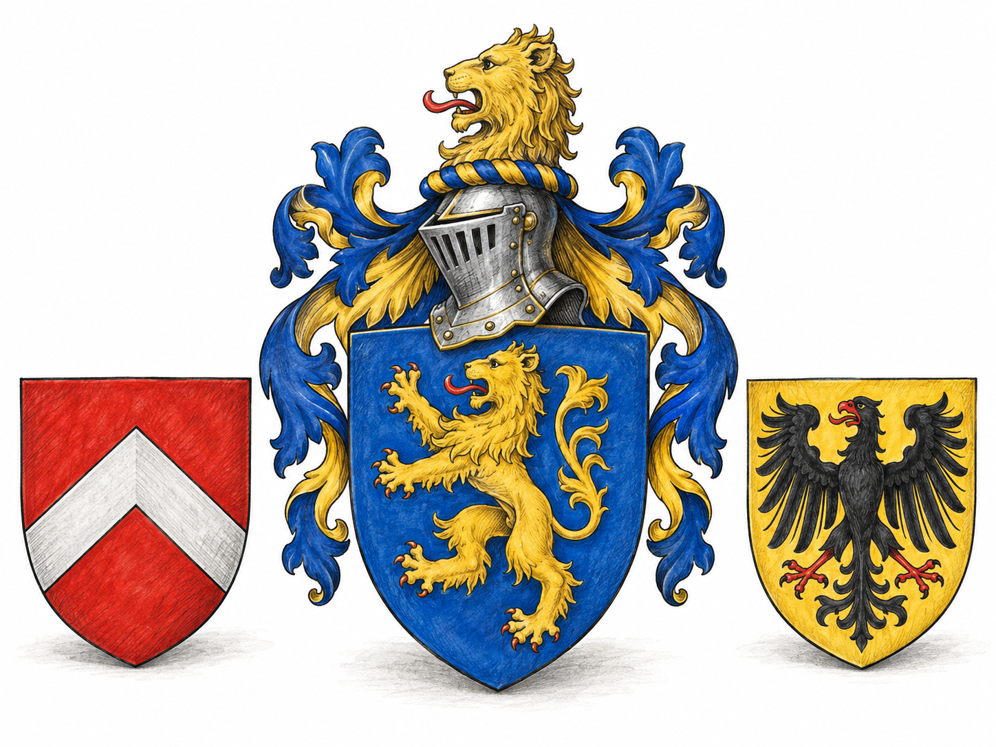 A compact arrangement of three heraldic shields with distinct, rule-consistent divisions and charges, centered on a complete coat of arms with helmet, crest and mantling.