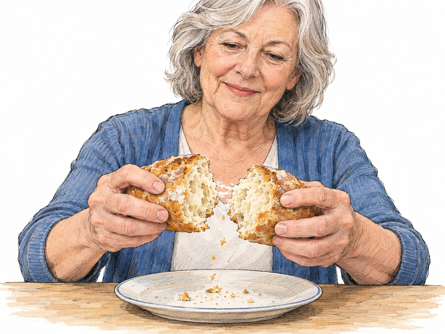 A woman pulls a small bread roll apart with both hands, revealing two separating halves and a few freshly torn strands of soft crumb.