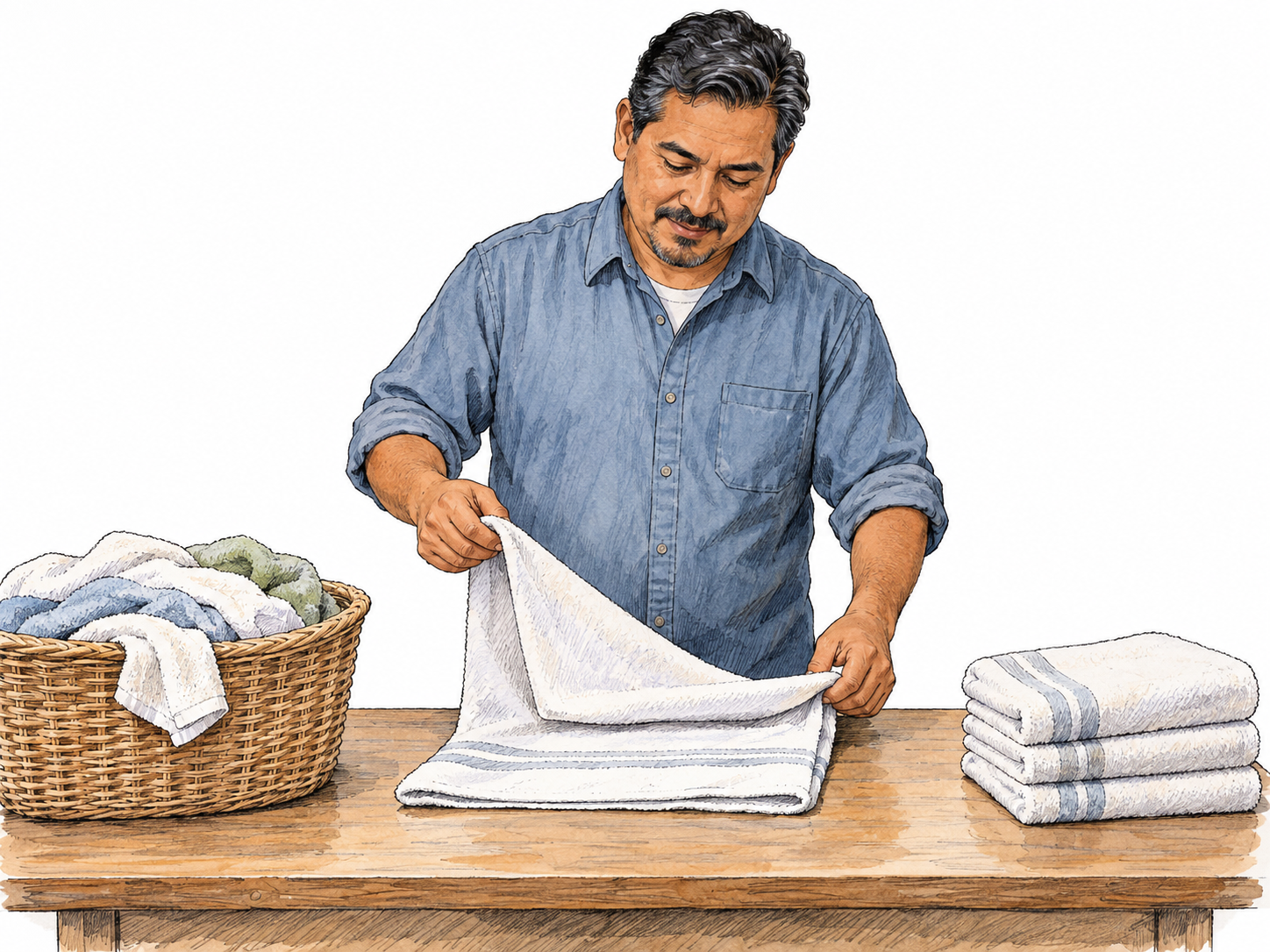 A man folds a small basketful of clean towels: one towel is being folded on the table, several remain in the basket, and a neat finished stack sits beside him.
