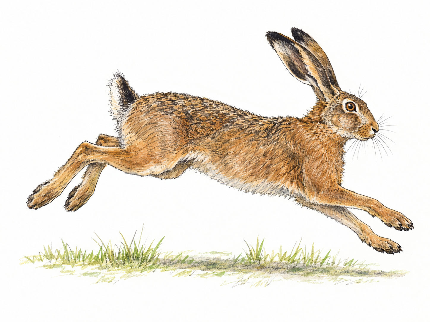 A single brown hare sprinting in side profile, with long black-tipped ears, a lean body and powerful elongated hind legs clearly distinguishing it from a domestic rabbit.