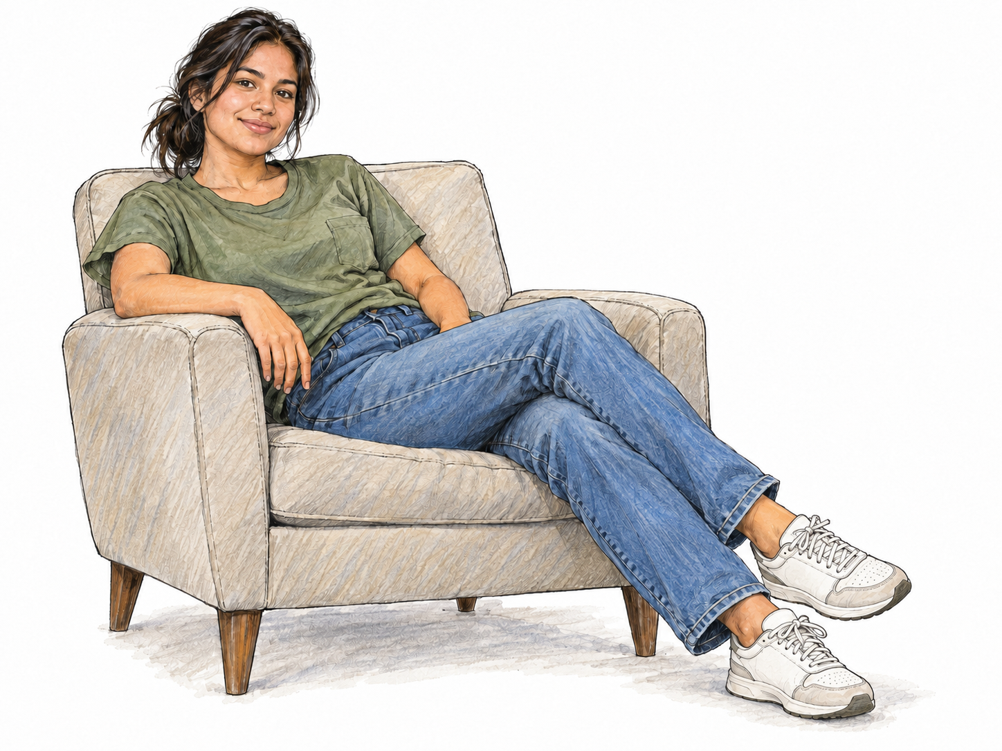 A young woman in a loose T-shirt, jeans, and sneakers lounges comfortably sideways in an armchair, showing relaxed posture and informal dress.