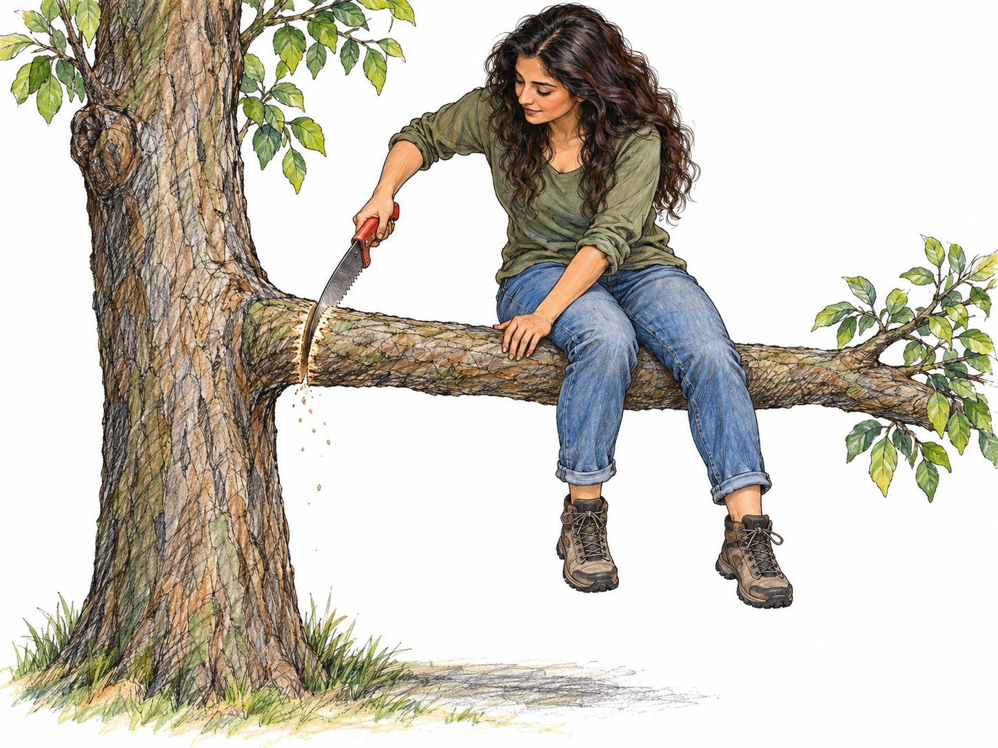 A woman foolishly saws through the very tree branch supporting her, with the cut clearly between her seated position and the trunk.