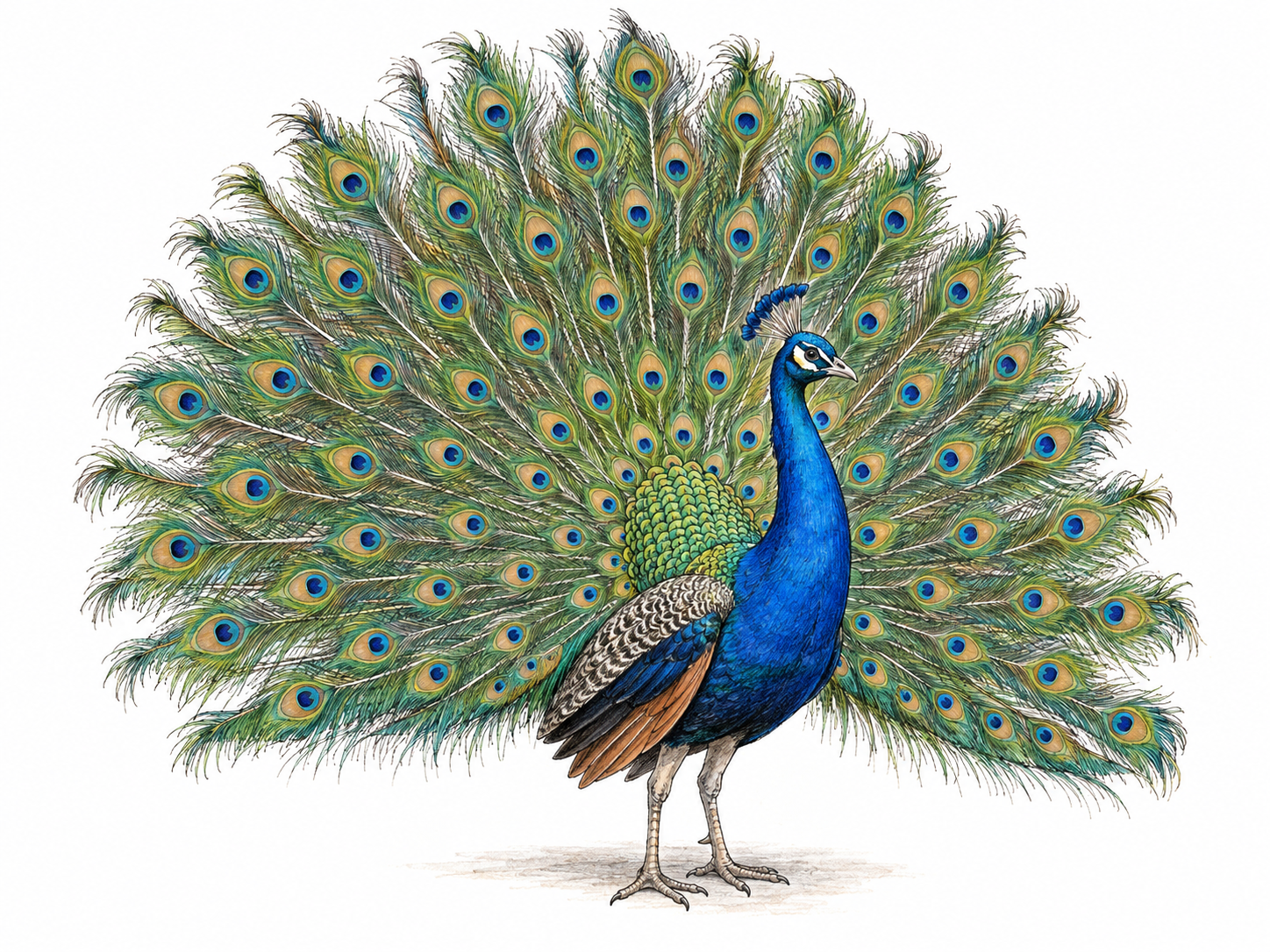 A magnificent peacock displaying its fully spread, jewel-colored tail, making impressive beauty and grandeur immediately visible without people or elaborate scenery.