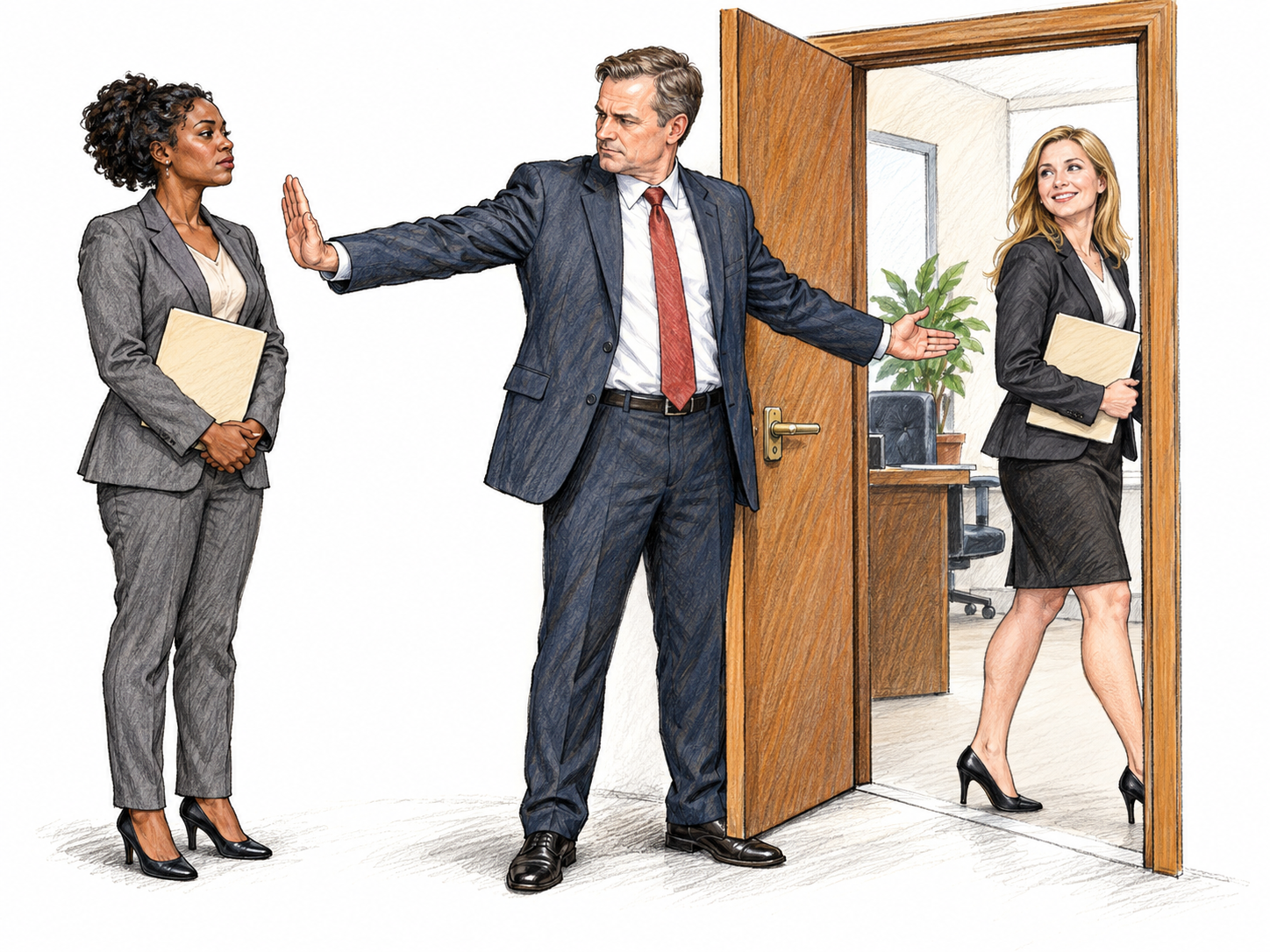 A gatekeeper welcomes a white applicant through a doorway while blocking an equally professionally dressed Black applicant holding an identical plain application folder; the excluded woman stands with dignity, unfair treatment unmistakable, no slurs or hate symbols.