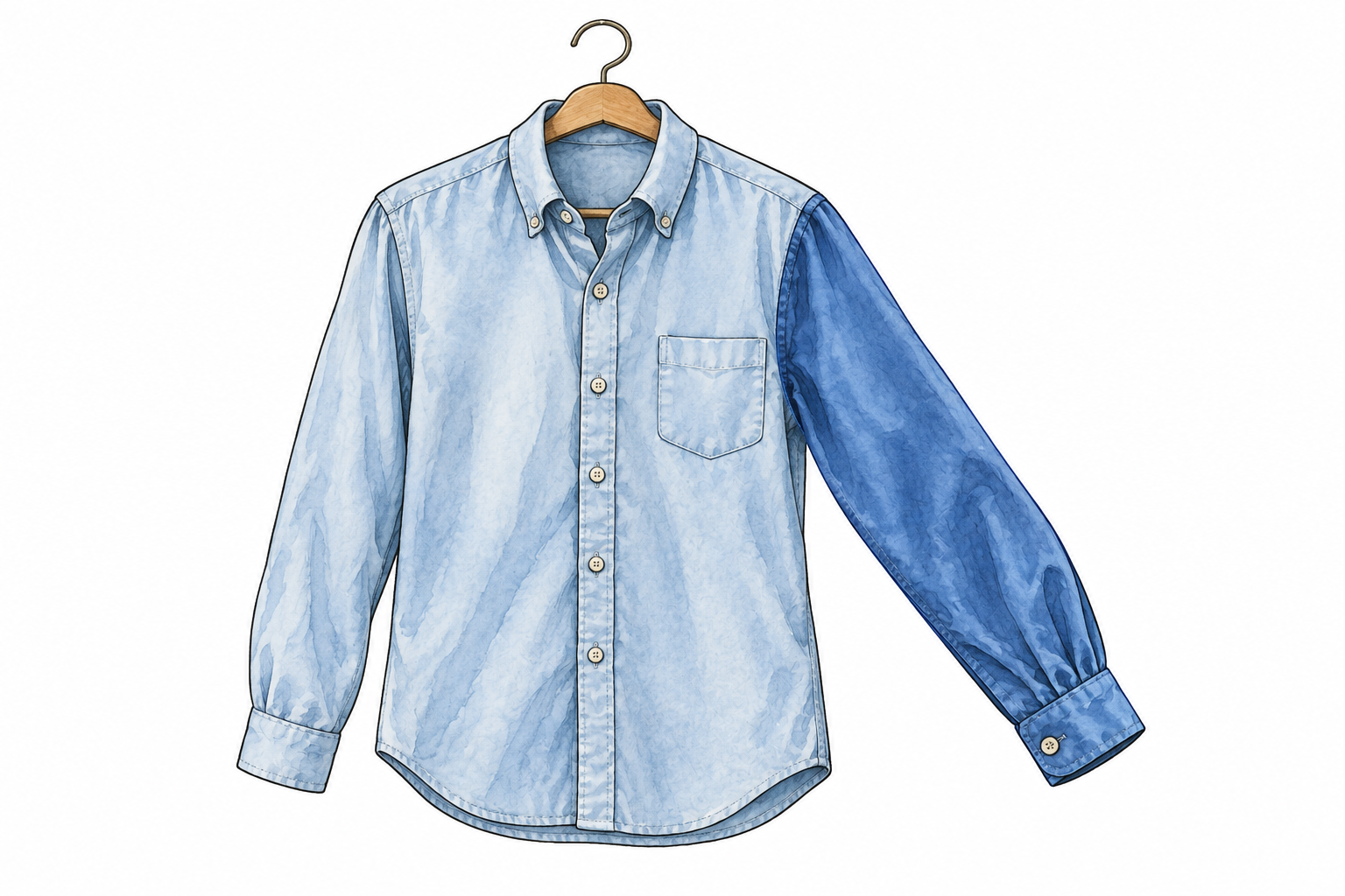 Blue shirt on hanger, one sleeve highlighted by slightly stronger color, whole arm-covering shape clear.