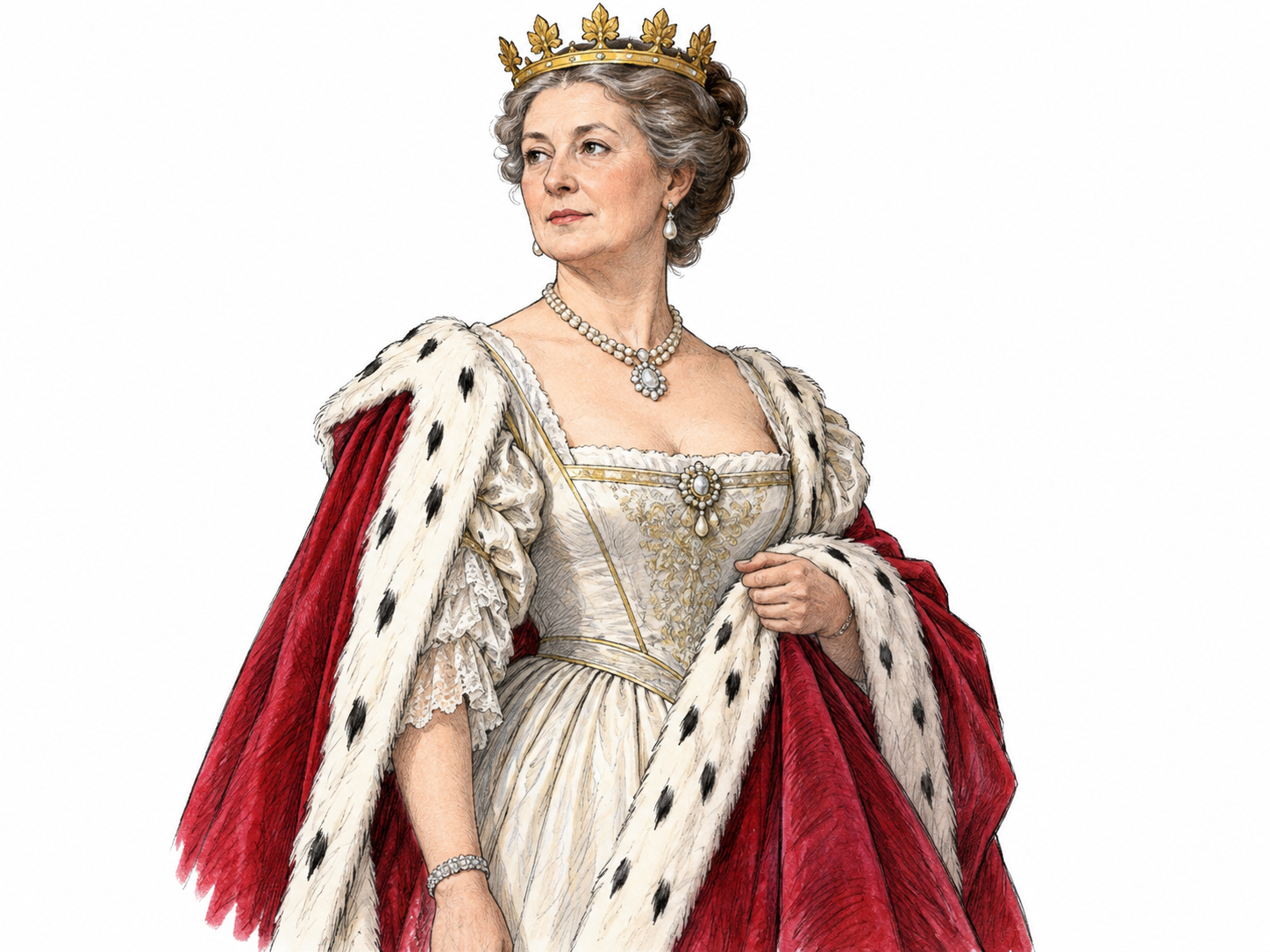 A duchess wears a simple ducal coronet with equal-height strawberry leaves and holds an ermine-trimmed crimson robe edge; dignified pose, no royal arches, throne or ornate room.