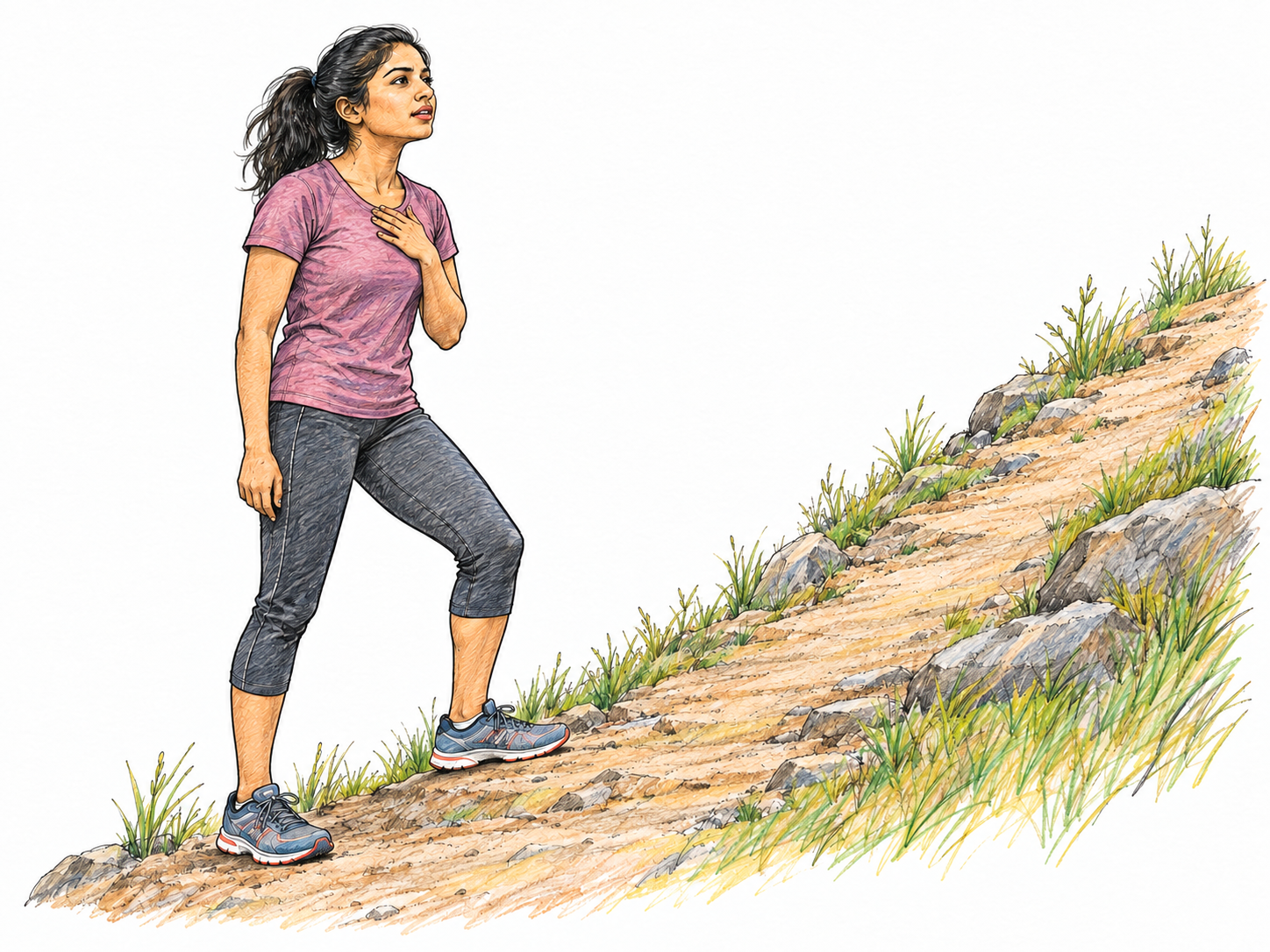 A young adult woman pauses at the foot of a short uphill running path, quietly repeating a personal guiding phrase to herself before continuing.
