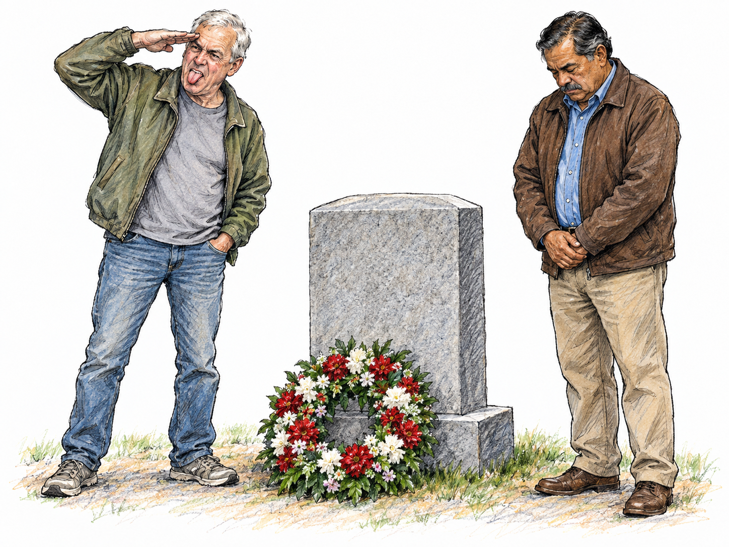 At a quiet memorial, an older man makes an exaggerated mocking salute beside a wreath while another older man stands with his head respectfully bowed, contrasting irreverence with appropriate solemnity.