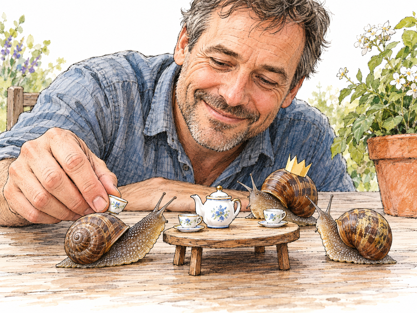A smiling man playfully arranges a tiny tea party for three garden snails, placing a miniature teacup beside a snail wearing a loose paper crown.
