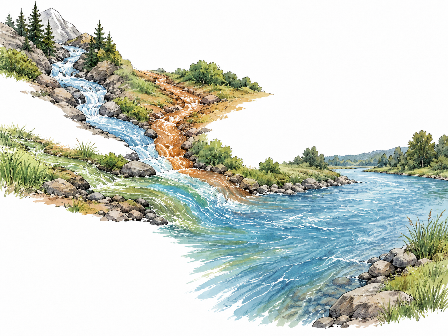 Small differently colored streams merge into one broad river, integrating into a larger flow.