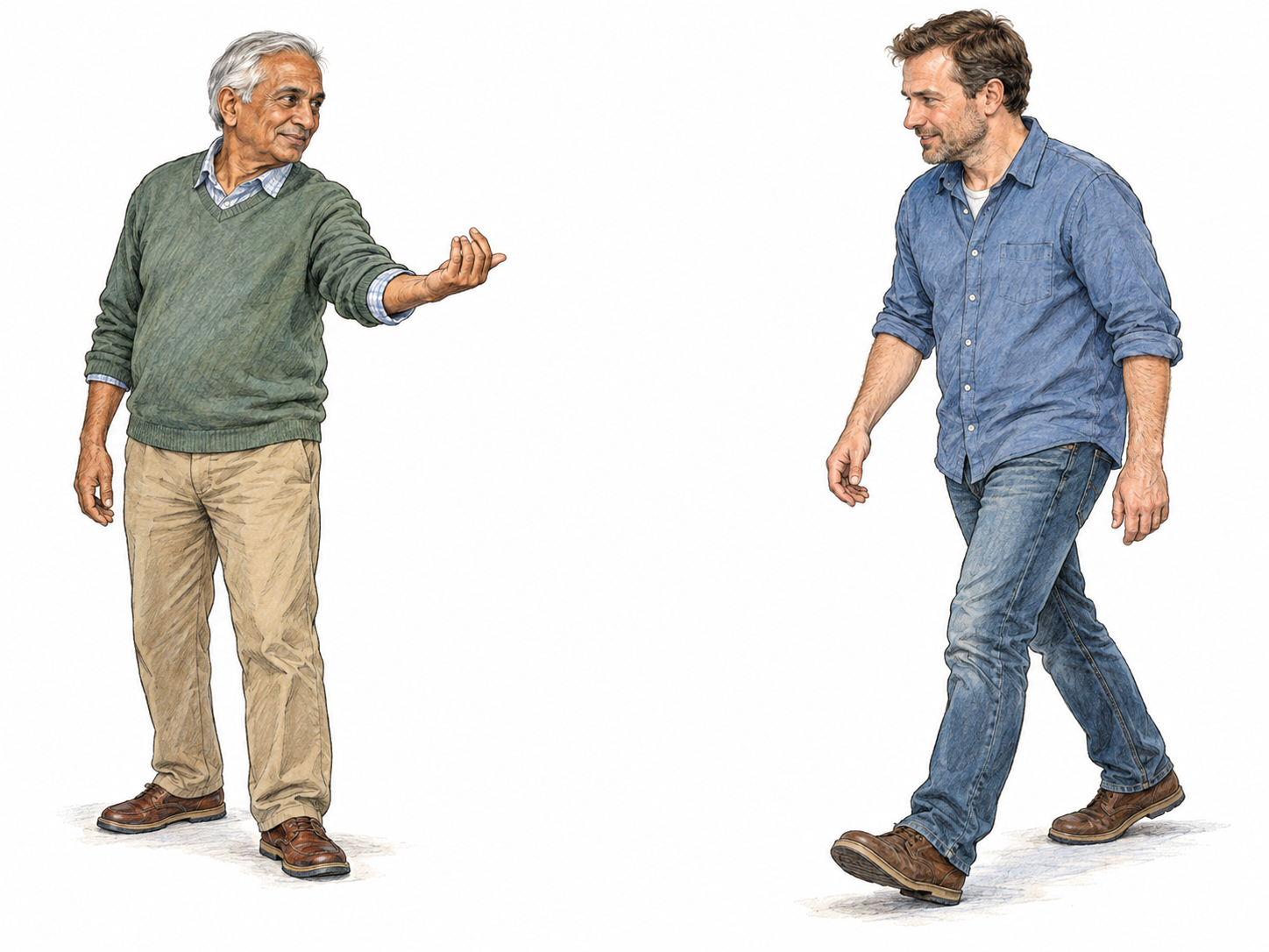 An older man makes a clear palm-up, inward-curling come-here gesture toward a second man several steps away, who faces him and begins approaching.