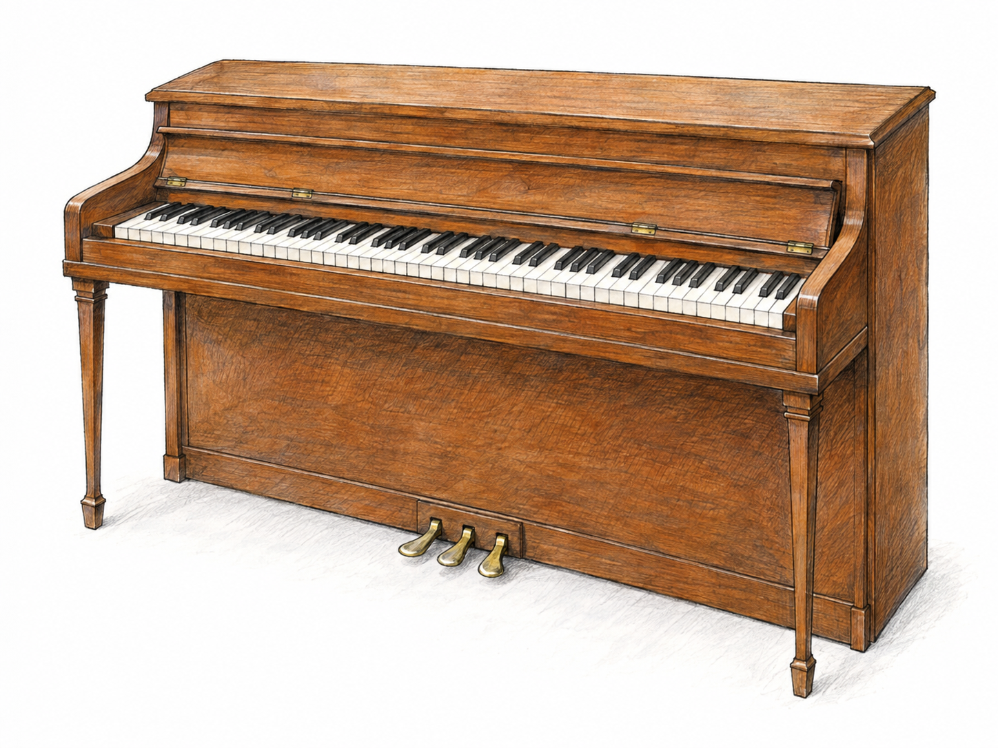 An isolated compact spinet upright piano, shown in three-quarter view with its keyboard exposed and its characteristically low cabinet clearly visible.