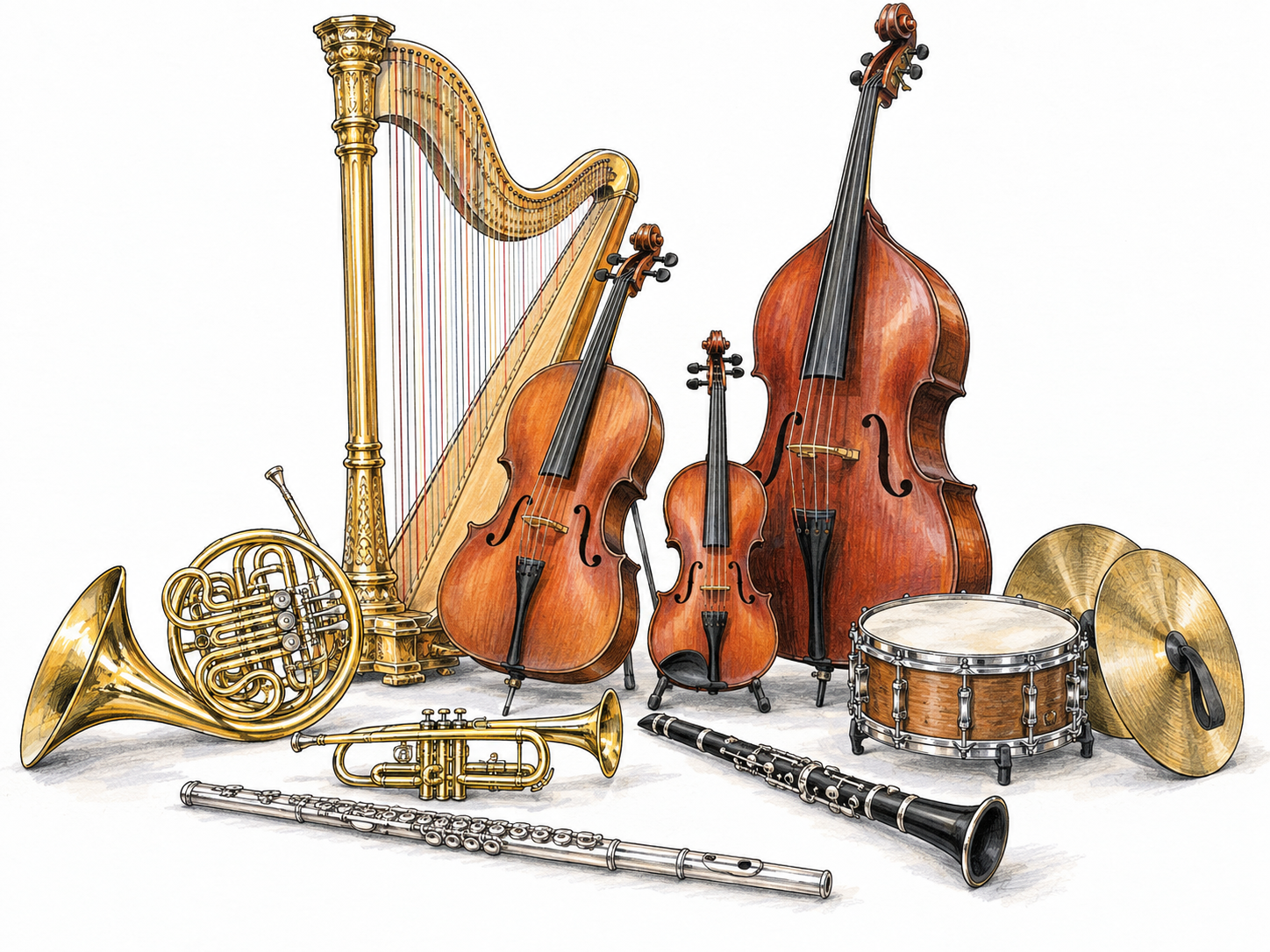 An impressive, neatly arranged array of orchestral instruments, with contrasting shapes and sizes making the abundance and variety immediately visible.