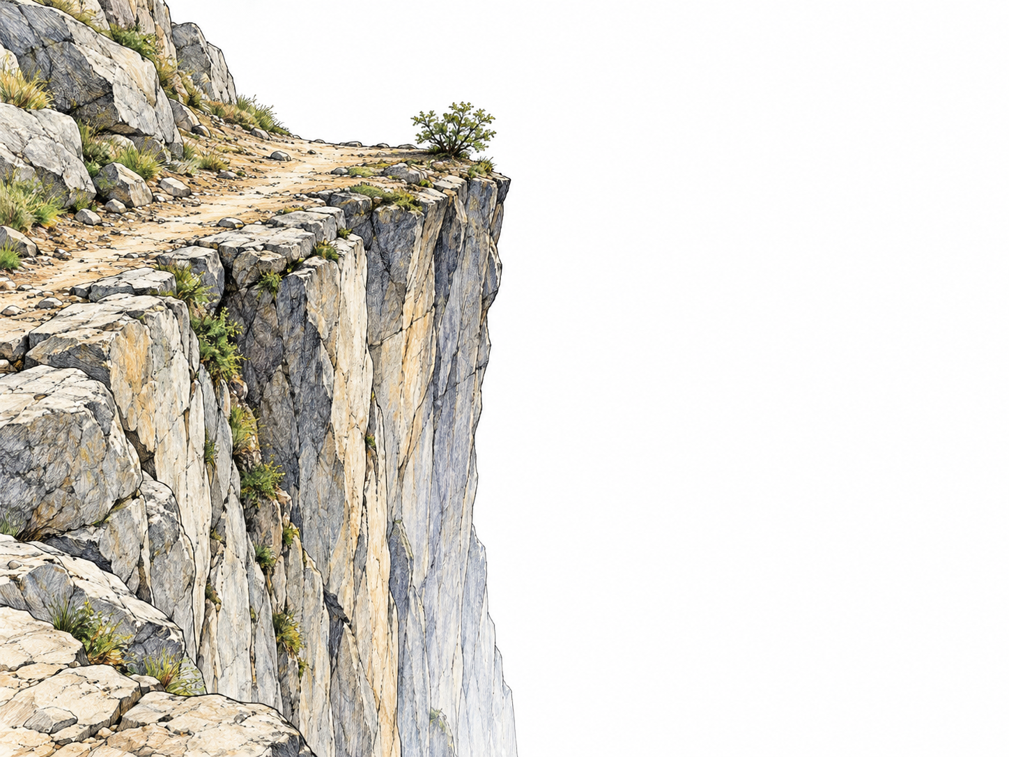 Very steep sheer cliff drops abruptly from narrow rocky path into white depth, side view reveals dangerous near-vertical face, a tiny low shrub for scale, no people falling.