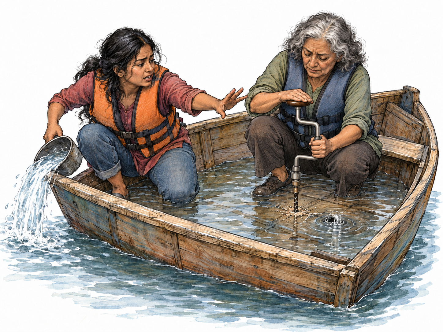 Wildly irrational self-defeating behavior: an adult in a small leaking rowboat deliberately drills another hole through its bottom while her companion urgently bails out the incoming water.