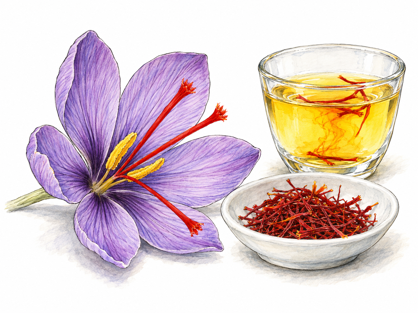 A saffron crocus with its three red stigmas beside a tiny dish of dried saffron threads and a few threads steeping in golden-yellow water, making the botanical source and spice recognizable together.