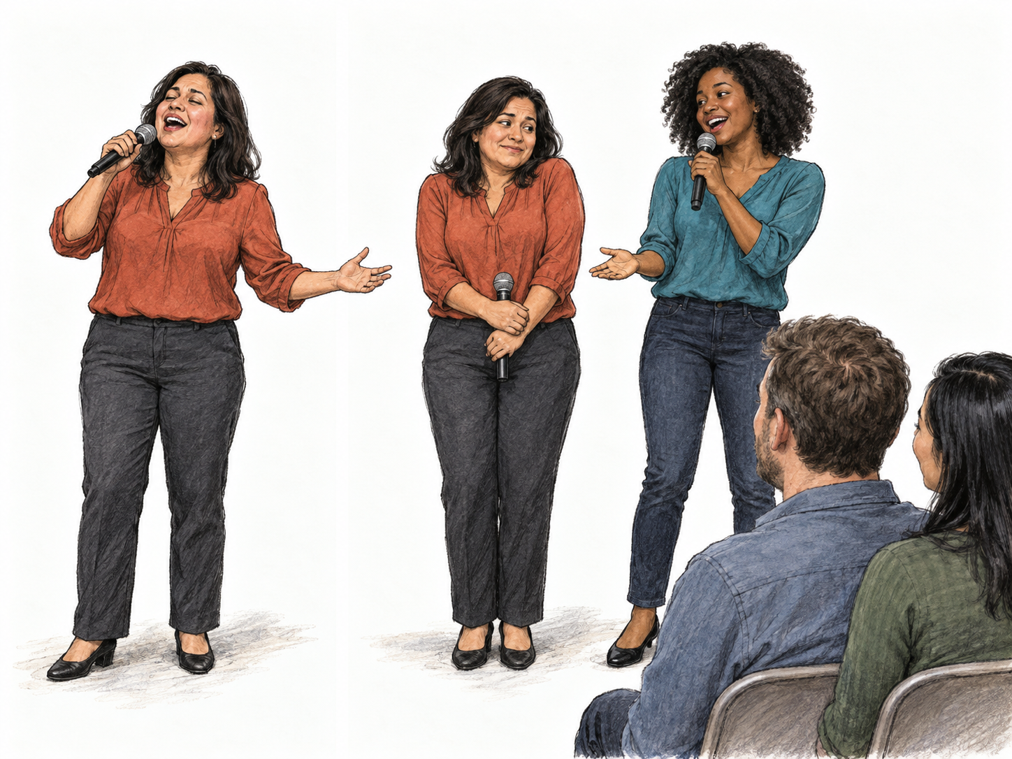 A compact comparison shows social inhibition limiting expression: a woman sings expansively alone but becomes visibly self-restrained when a friend invites her to sing with an audience present.