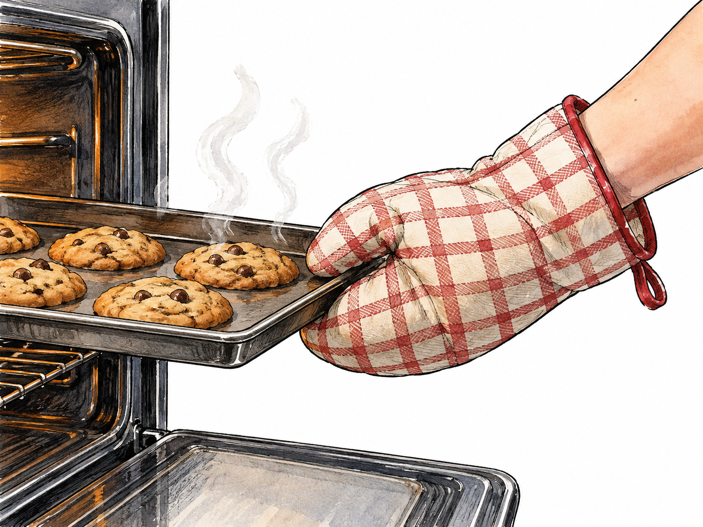 Thick protective oven mitt completely covers a hand lifting a hot baking tray; small rising steam, hand separated from metal by padded mitt, no brand or writing.