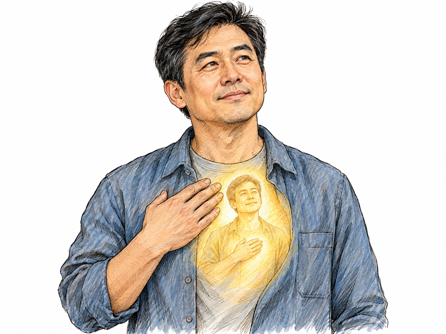 A living man's spiritual inner self is represented by a small, luminous likeness contained within his chest, visually distinguishing his inward essence from his physical body.