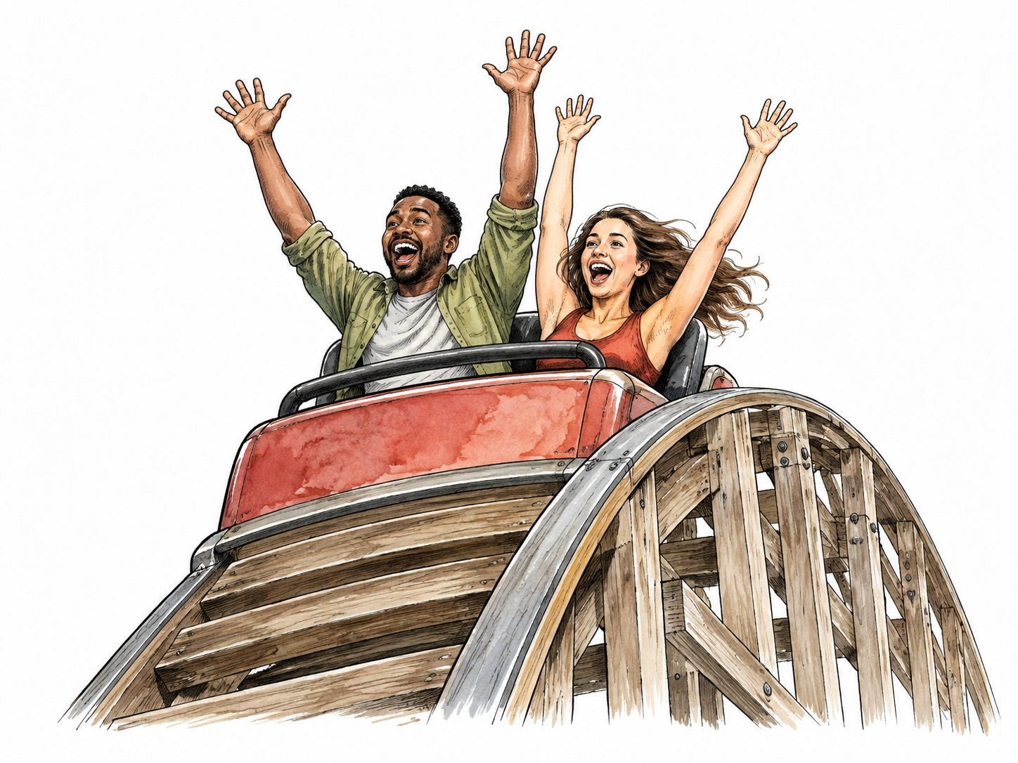 A diverse adult pair thrills at a roller coaster crest with excited expressions and raised hands, sound anatomy.