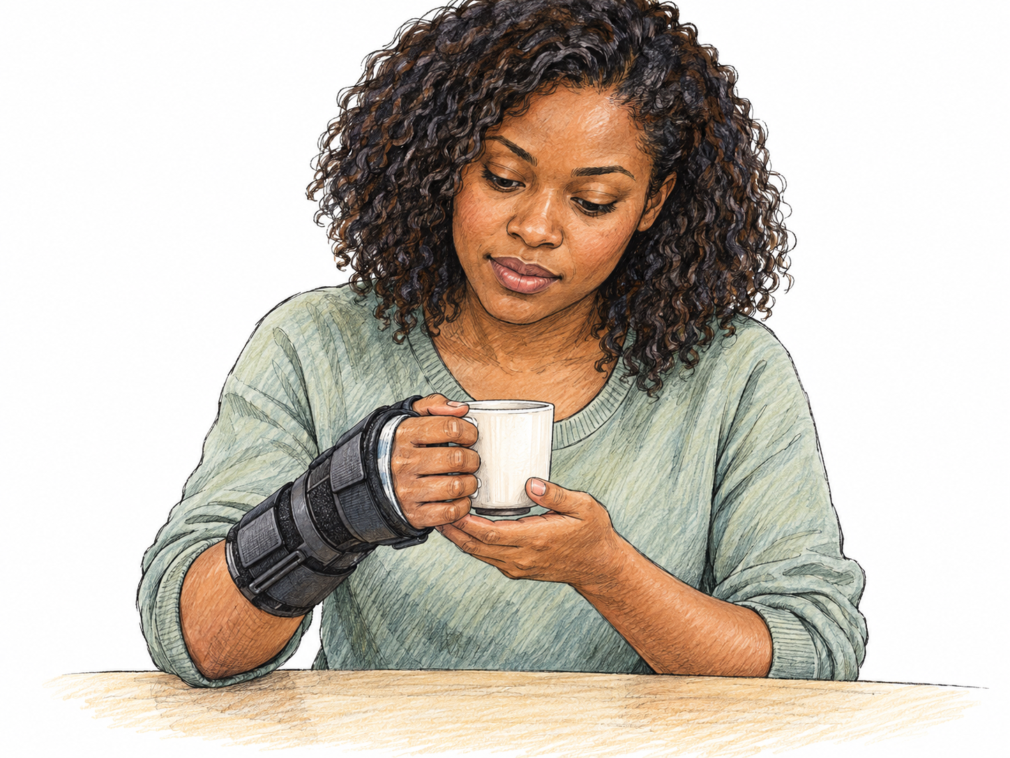 A woman with a rigid wrist-and-hand brace uses her unaffected hand to support the braced hand around a lightweight cup, showing reduced hand function and the need for assistance with an everyday task.