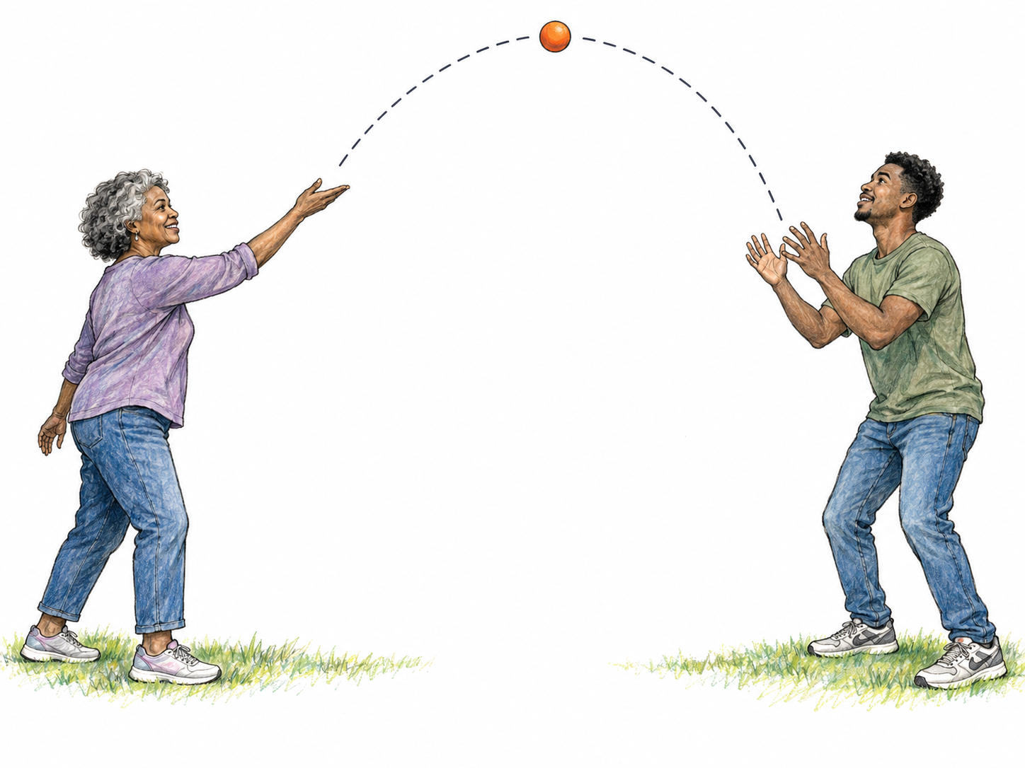 An older woman gently lobs a ball toward a young man.