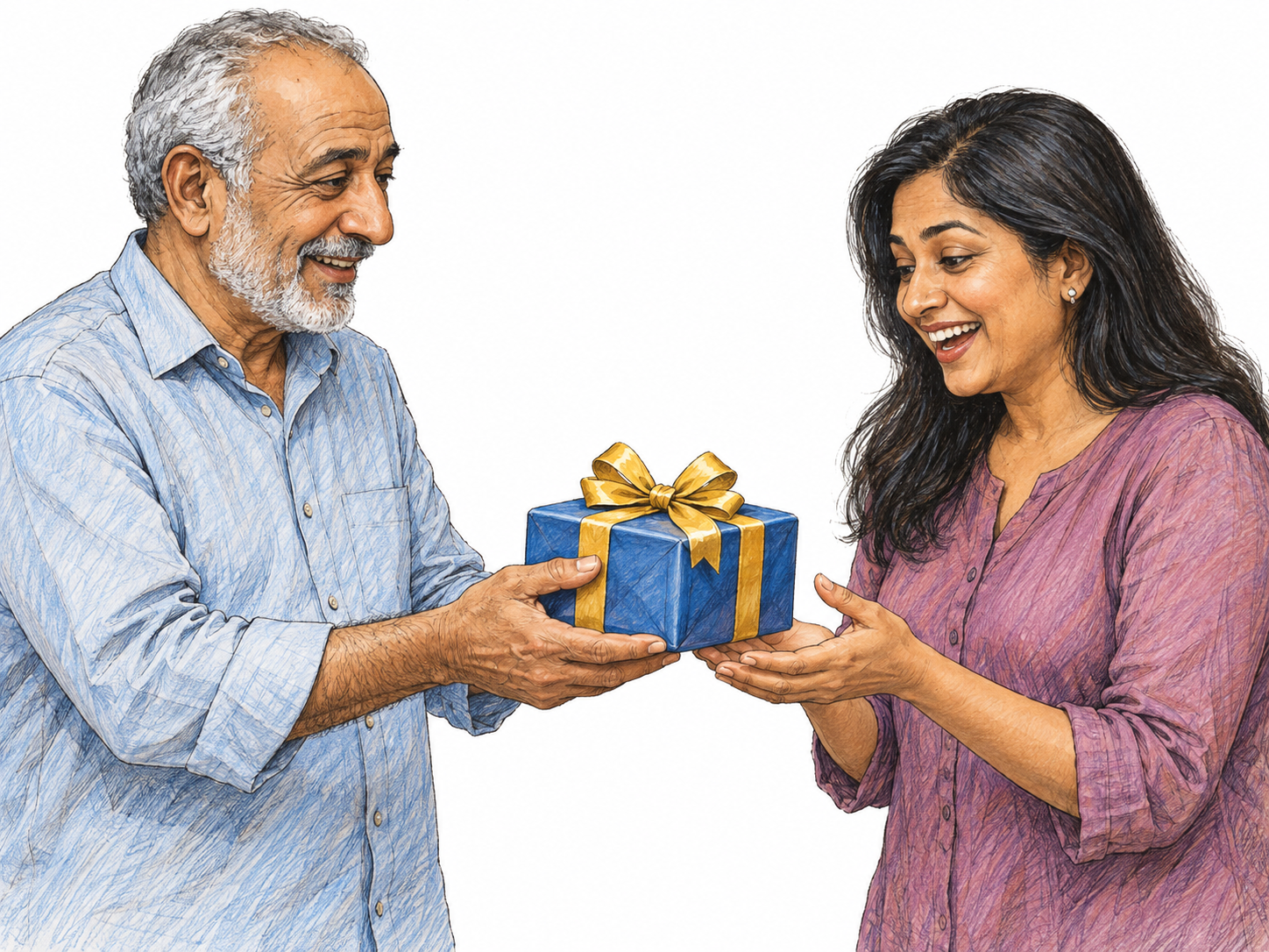 An older man offers a ribbon-wrapped present to a middle-aged woman, who accepts it with a delighted smile.