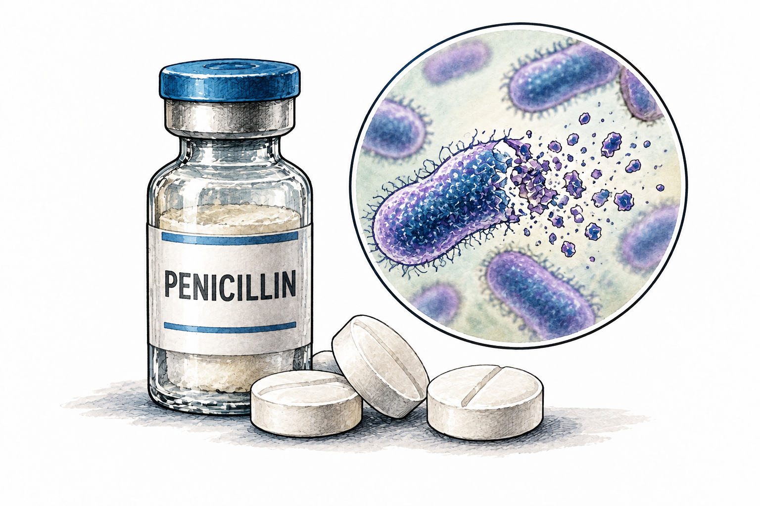 A neutral medical penicillin vial and tablets beside a simple bacterial-cell illustration, no dosing directions.