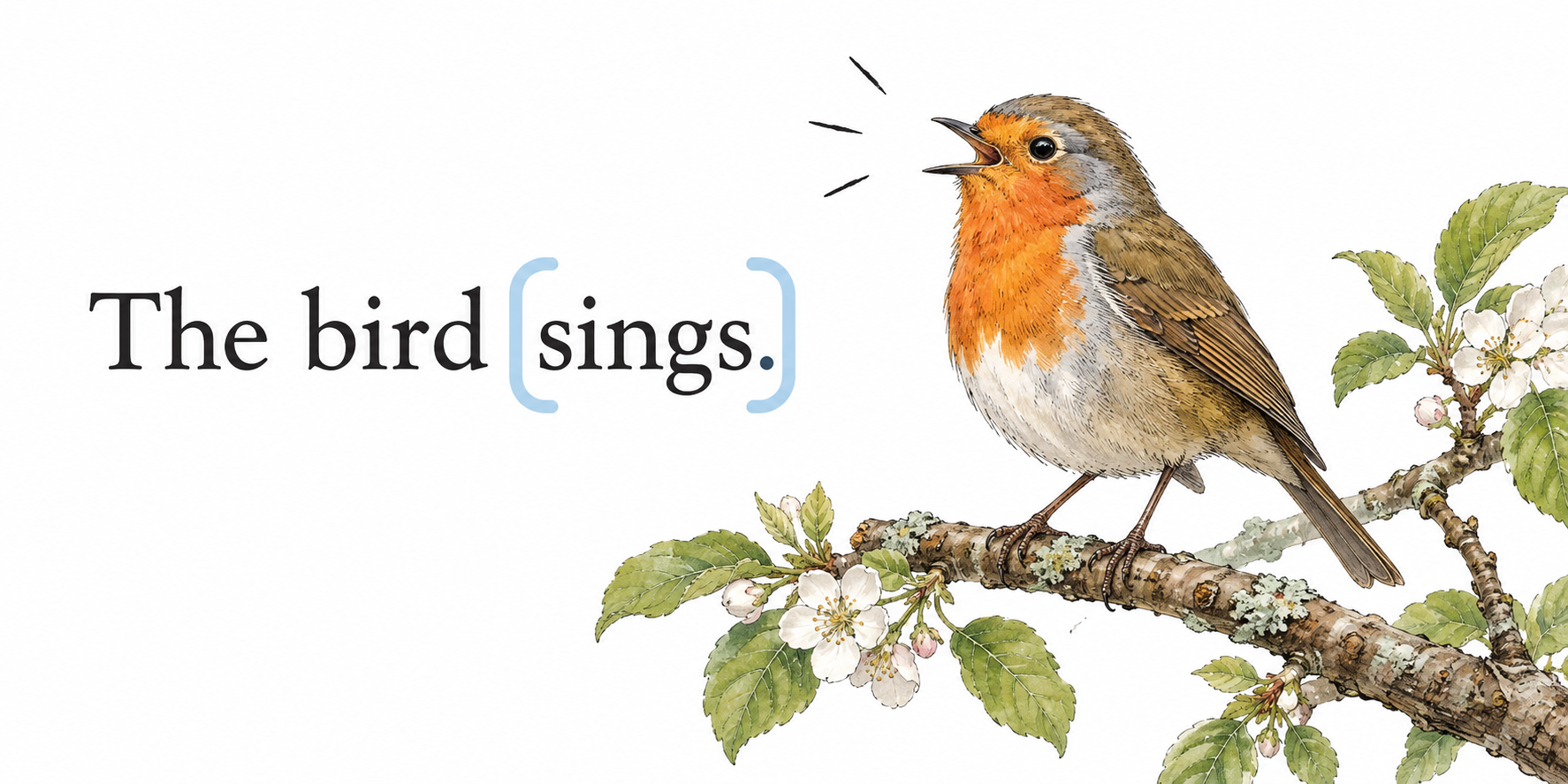 Minimal grammatical teaching image: the exact sentence 'The bird sings.' with only 'sings' enclosed in a soft colored bracket.