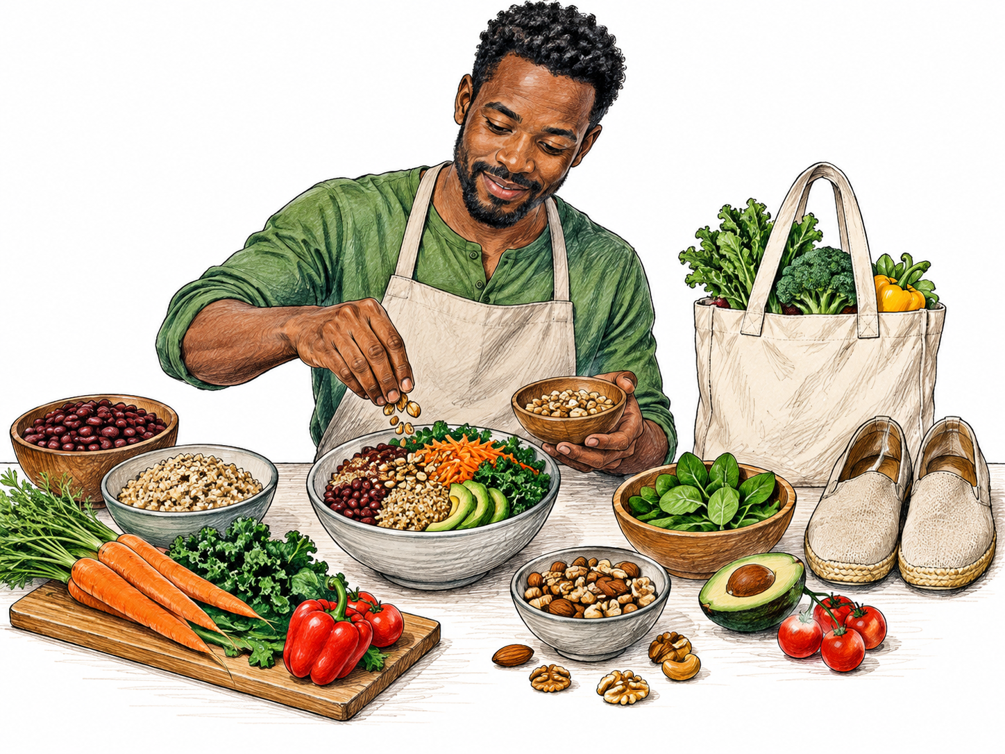 A man assembles a meal entirely from beans, vegetables, grains and nuts, with plain plant-fiber shoes and cloth bag nearby; avoid eggs, dairy, meat, animal-product logos or written slogans.