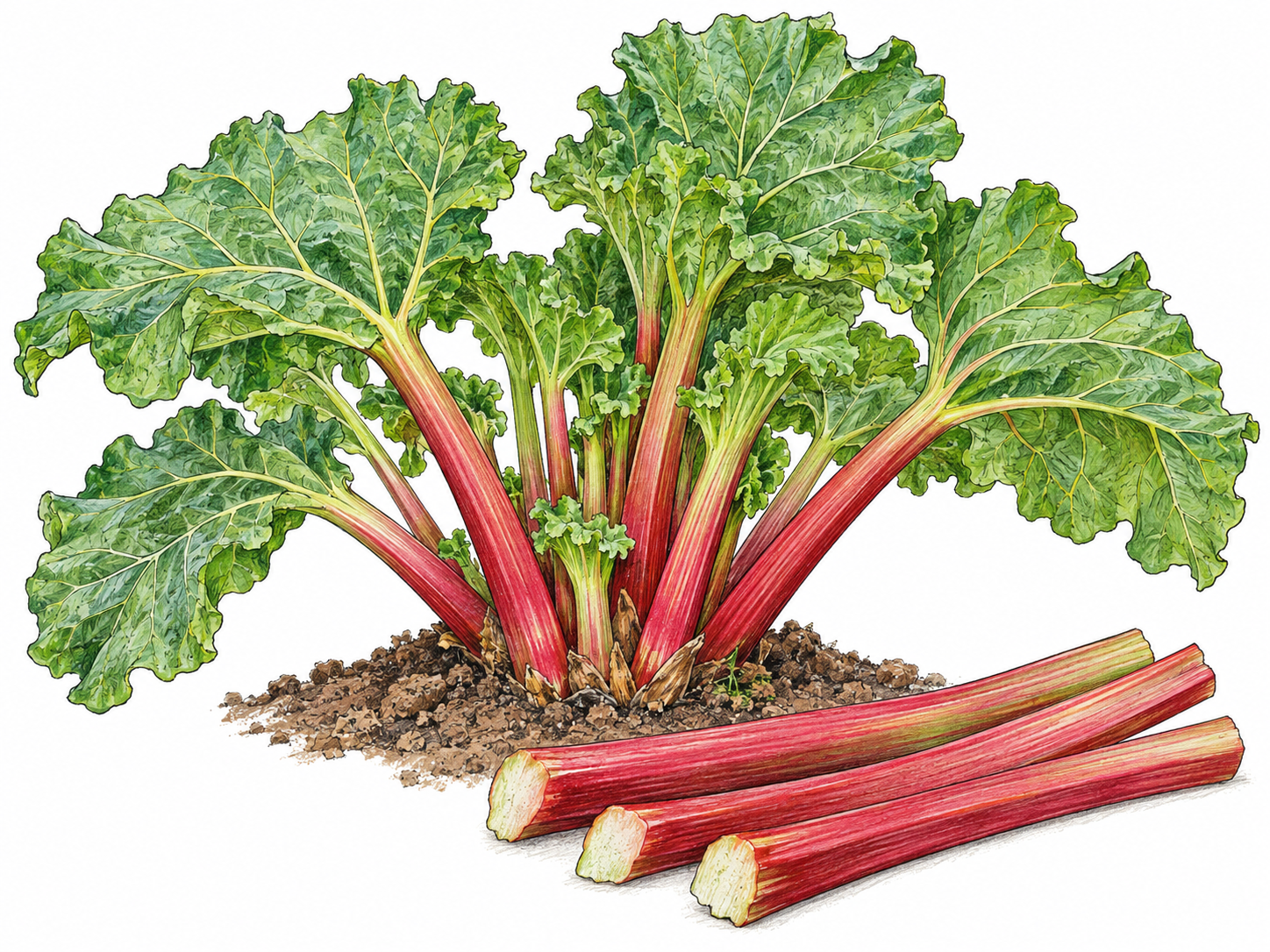A recognizable rhubarb plant with broad, crinkled green leaves and thick red-green stalks, accompanied by a small bundle of harvested, leafless stalks.