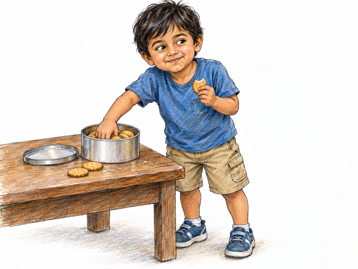 A small, mischievous child reaches into an open biscuit tin, grinning with crumbs on his cheeks and a half-eaten biscuit in his other hand.