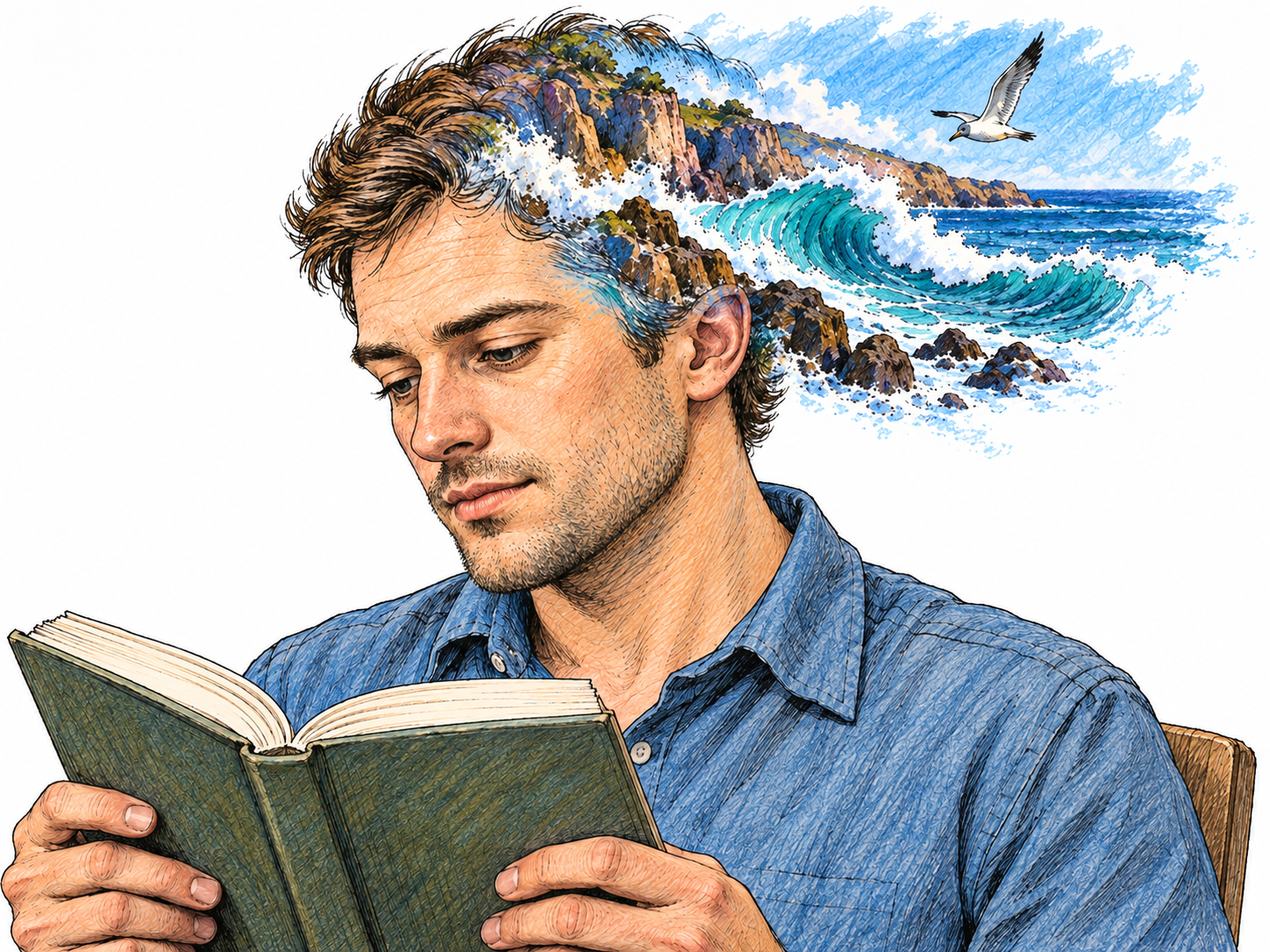 A reader forms vivid mental imagery: a naturalistic coastal scene appears as a borderless double exposure through and beyond his head while his real surroundings remain spare.