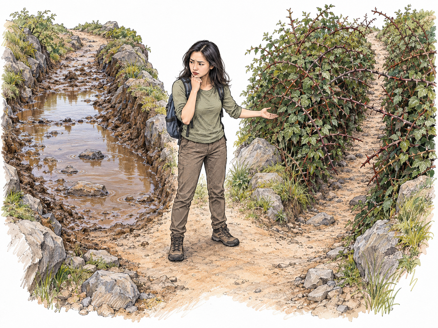 A hiker hesitates at a clearly divided trail: one branch requires wading through deep muddy water, while the other requires squeezing through dense thorny brambles.