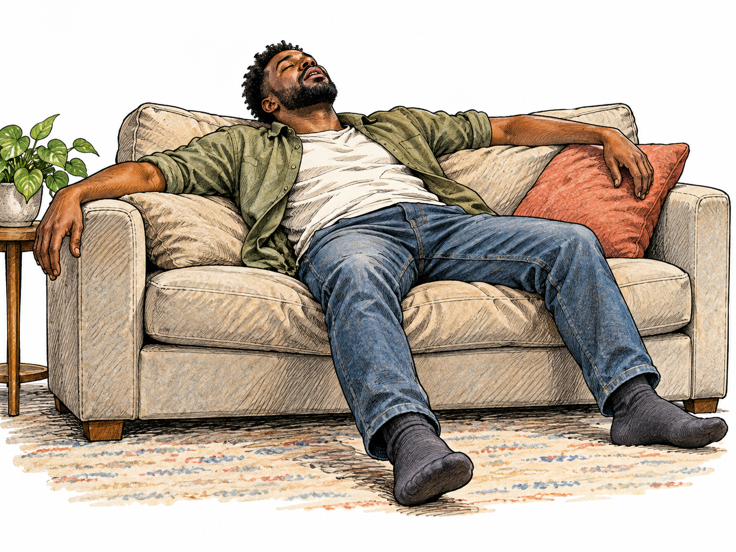 An exhausted adult Black man flops heavily and loosely onto a sofa, arms and legs relaxed and cushions compressed.