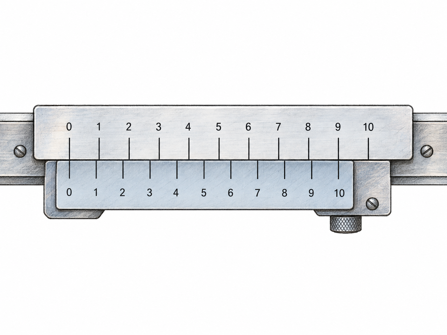 A sliding vernier scale has ten intervals spanning nine intervals of its adjacent main scale.