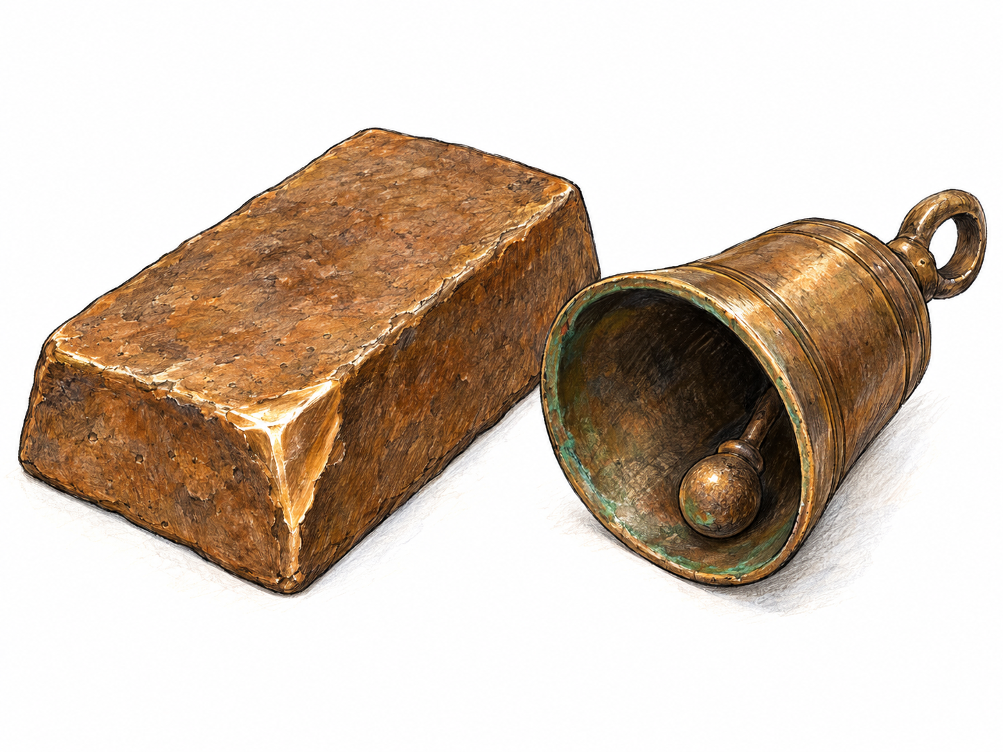 A brownish bronze ingot beside a small cast bronze bell, with polished highlights and a trace of green patina making the material—not a medal or color swatch—the subject.