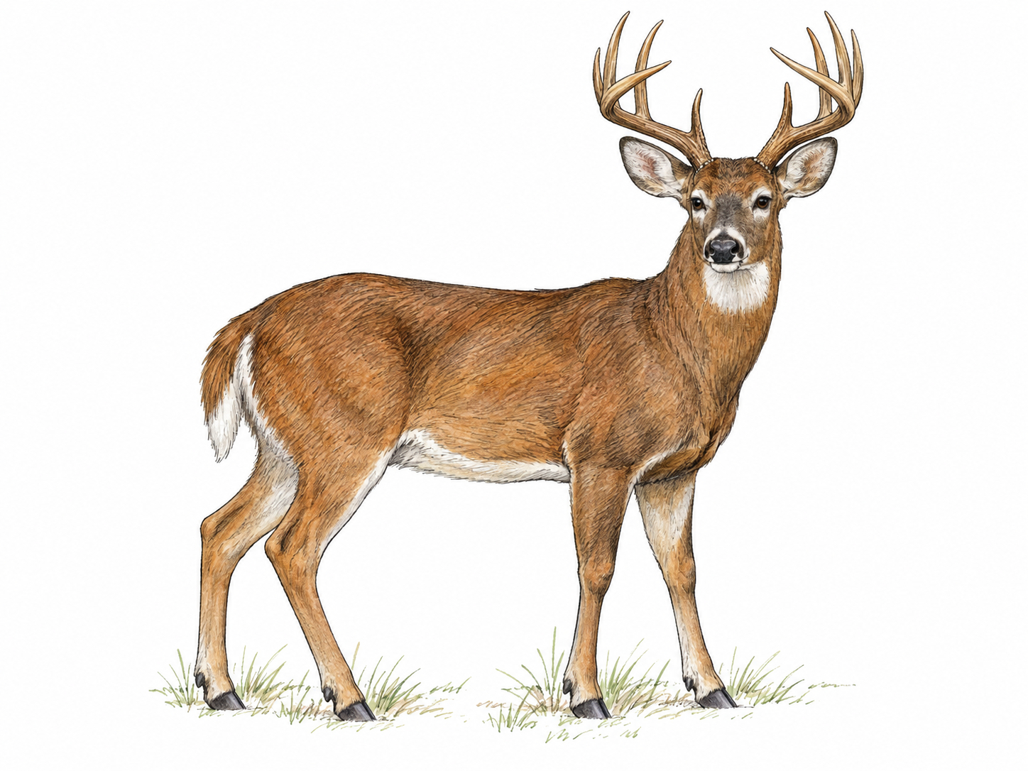 A single adult male white-tailed deer stands in three-quarter profile, its branching antlers clearly identifying it as a buck.