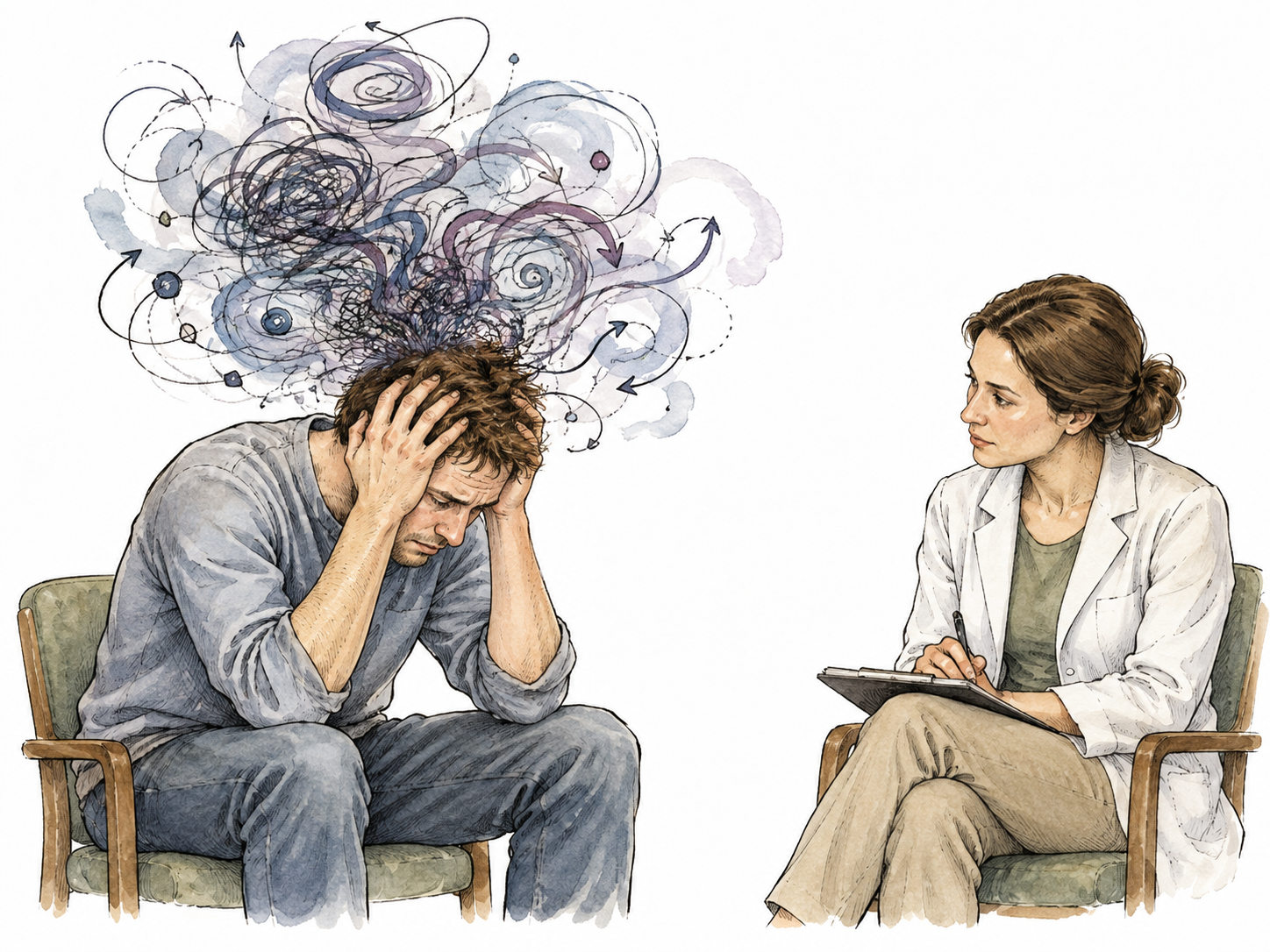 A respectful symbolic depiction of a distressed white adult overwhelmed by disordered swirling thoughts while a supportive clinician listens, no violent or stereotyped imagery.