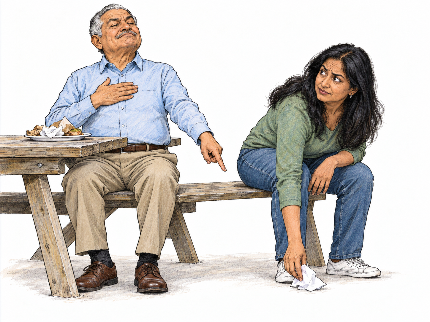 A smugly self-righteous man turns an accidental dropped napkin into an occasion for moral judgment, ostentatiously pointing to his own spotless place while scolding a woman who is already retrieving it.