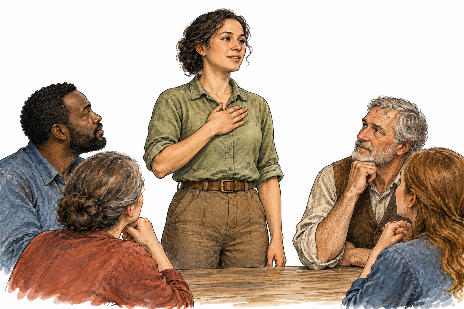 A witness firmly confirms a fact with upright confident posture and hand over heart, attentive listeners, no words.