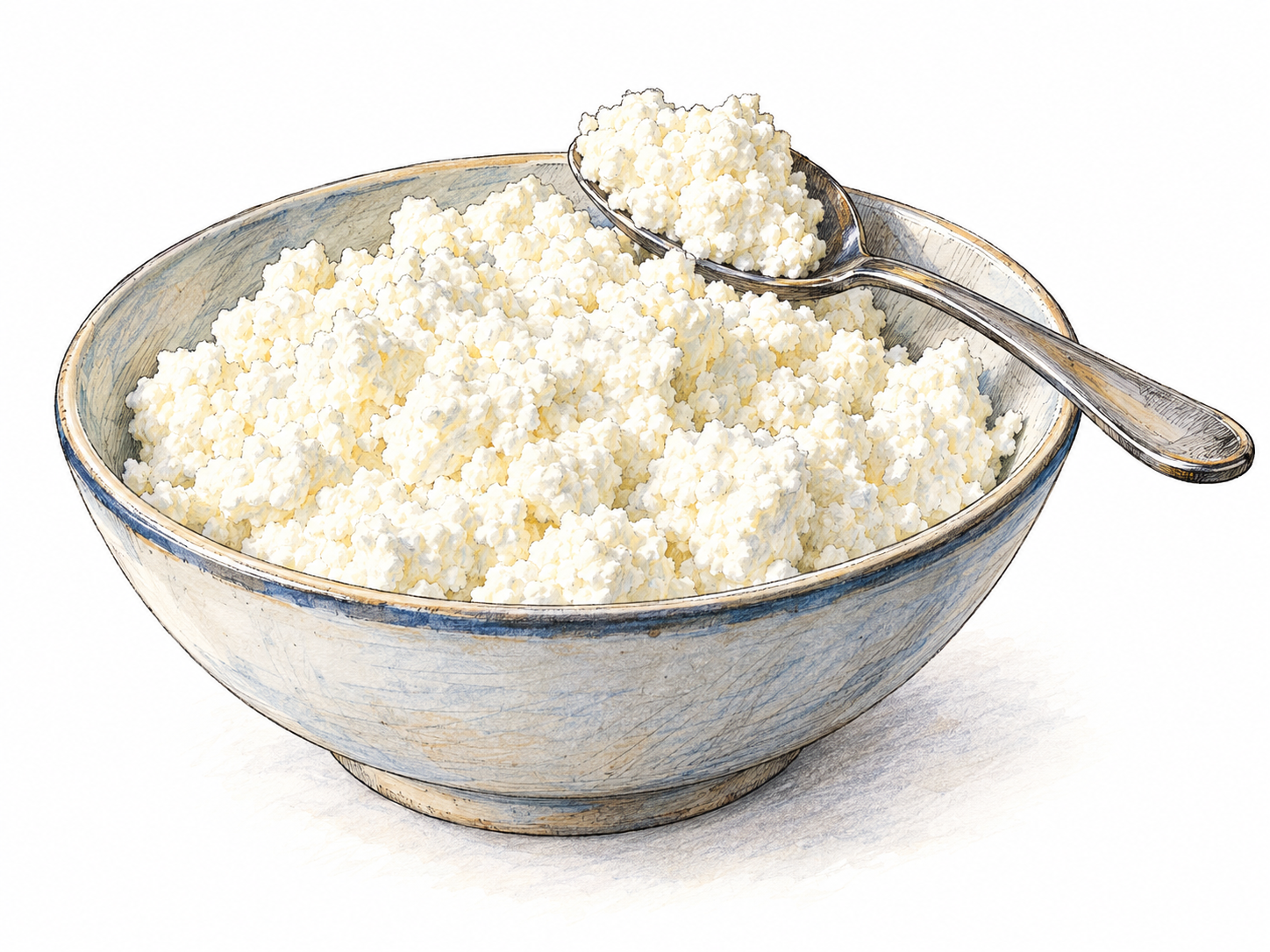 A shallow ceramic bowl holding a soft mound of fresh ricotta, with a spoonful lifted just above the rim to reveal its delicate, slightly grainy curds.