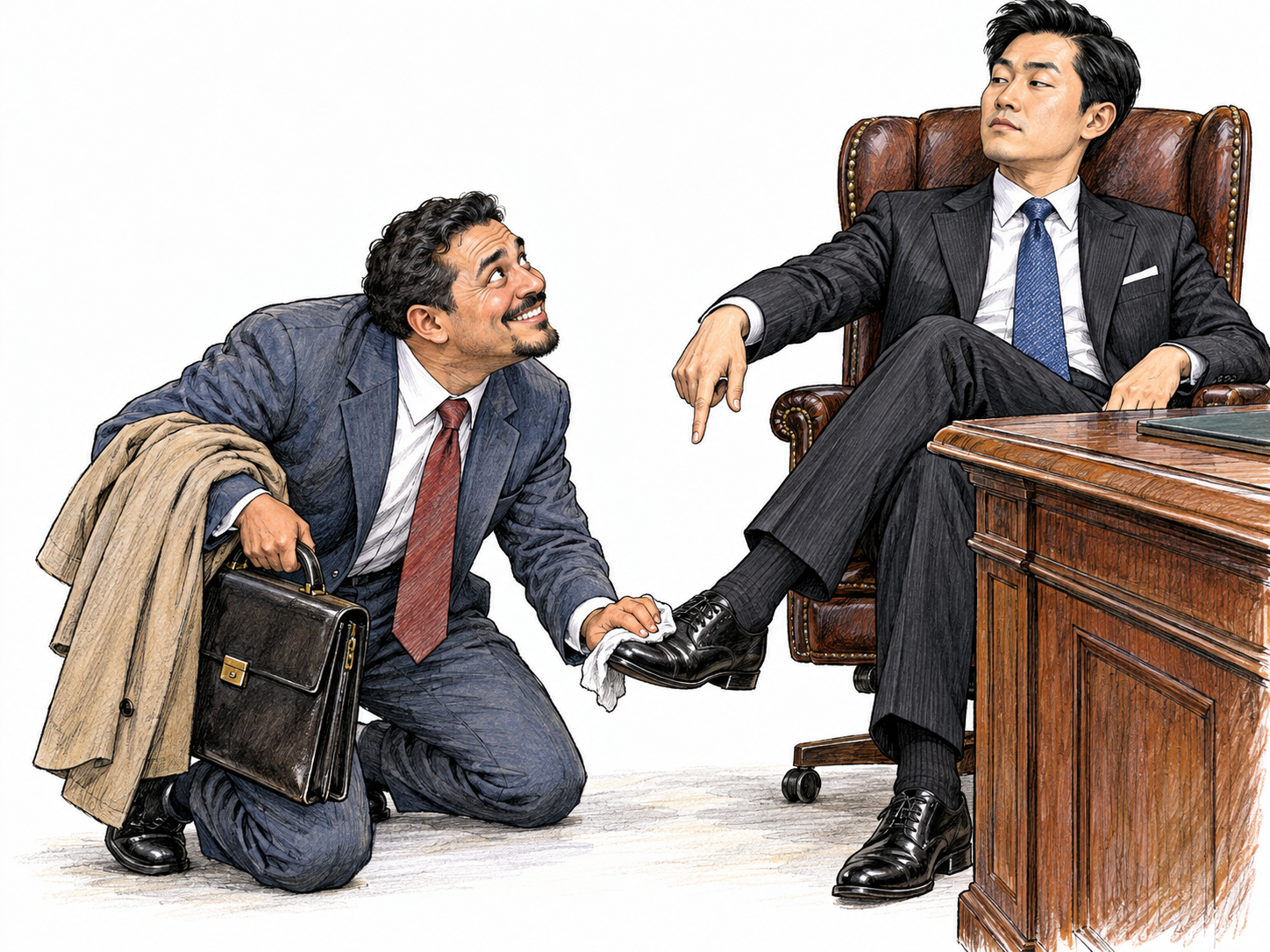 A business-suited follower kneels at a powerful executive’s feet, polishing his shoe while awkwardly carrying the executive’s briefcase and draped overcoat.