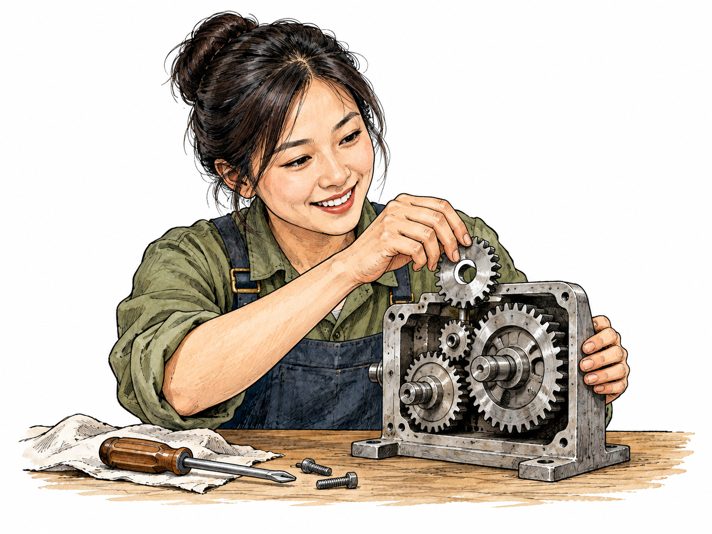 A woman studies a simple gear mechanism and then smiles as she correctly fits the final cog, understanding shown through successful action, no text.