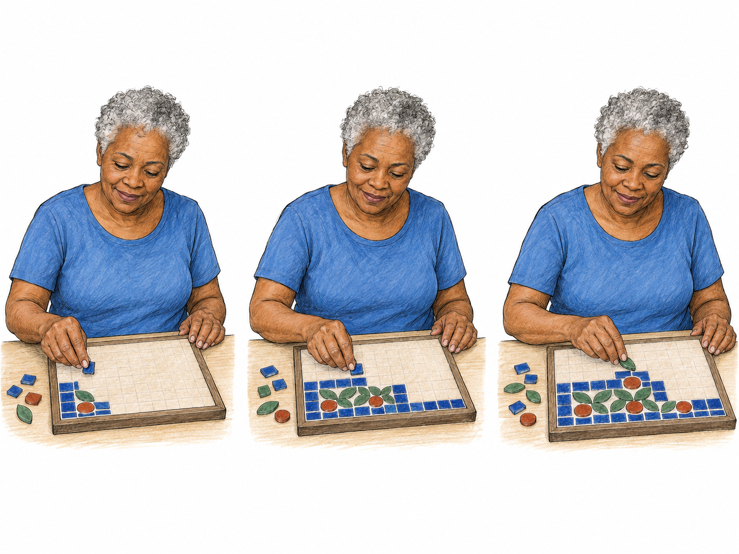 Three small sequential views show the same woman completing a tabletop mosaic a small section at a time: first one corner, then an adjoining strip, then another section, with unfinished areas still visible.