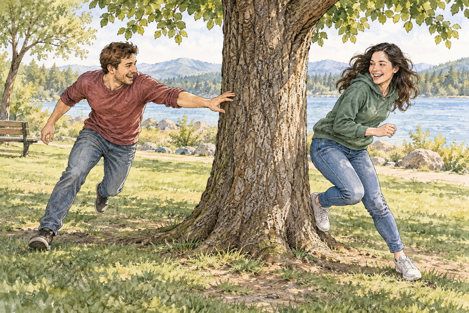 A young adult playing a friendly outdoor game of tag swiftly sidesteps around a tree trunk, cleverly evading the outstretched tagging hand of another adult, both fully clothed and smiling.